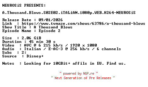 NFO for the release A.Thousand.Blows.S02E02.iTALiAN.1080p.WEB.H264-NEUROSiS by NEUROSiS