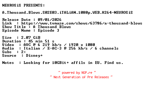 NFO for the release A.Thousand.Blows.S02E03.iTALiAN.1080p.WEB.H264-NEUROSiS by NEUROSiS