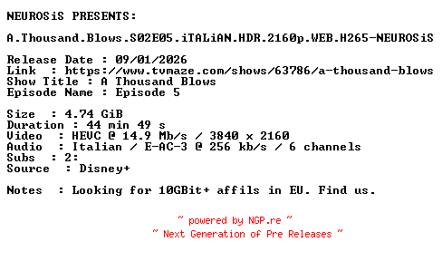 NFO for the release A.Thousand.Blows.S02E05.iTALiAN.HDR.2160p.WEB.H265-NEUROSiS by NEUROSiS