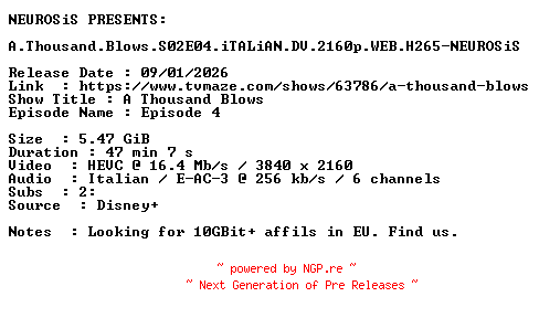 NFO for the release A.Thousand.Blows.S02E04.iTALiAN.DV.2160p.WEB.H265-NEUROSiS by NEUROSiS
