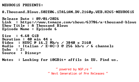 NFO for the release A.Thousand.Blows.S02E06.iTALiAN.DV.2160p.WEB.H265-NEUROSiS by NEUROSiS