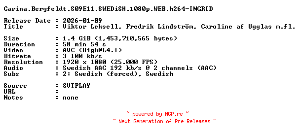 NFO for the release Carina.Bergfeldt.S09E11.SWEDiSH.1080p.WEB.h264-INGRID by INGRID