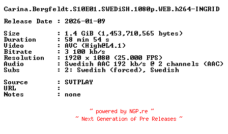NFO for the release Carina.Bergfeldt.S10E01.SWEDiSH.1080p.WEB.h264-INGRID by INGRID
