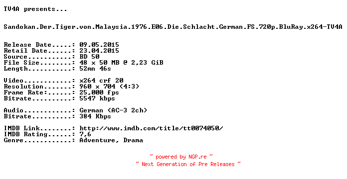 NFO for the release Sandokan.Der.Tiger.von.Malaysia.1976.E06.Die.Schlacht.German.FS.720p.BluRay.x264-TV4A by TV4A