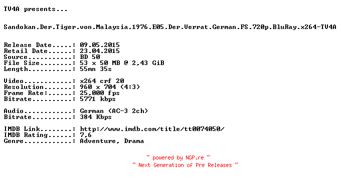 NFO for the release Sandokan.Der.Tiger.von.Malaysia.1976.E05.Der.Verrat.German.FS.720p.BluRay.x264-TV4A by TV4A