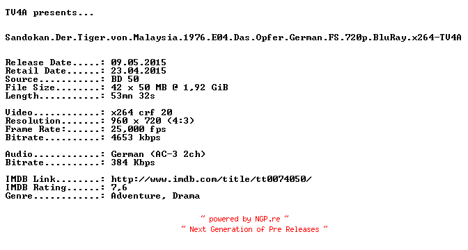 NFO for the release Sandokan.Der.Tiger.von.Malaysia.1976.E04.Das.Opfer.German.FS.720p.BluRay.x264-TV4A by TV4A