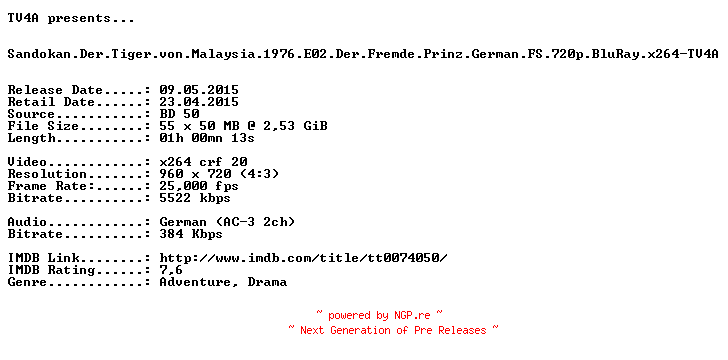NFO for the release Sandokan.Der.Tiger.von.Malaysia.1976.E02.Der.Fremde.Prinz.German.FS.720p.BluRay.x264-TV4A by TV4A