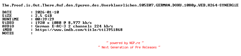 NFO for the release The.Proof.is.Out.There.Auf.den.Spuren.des.Unerklaerlichen.S05E07.GERMAN.DOKU.1080p.WEB.H264-SYNERGiE by SYNERGiE