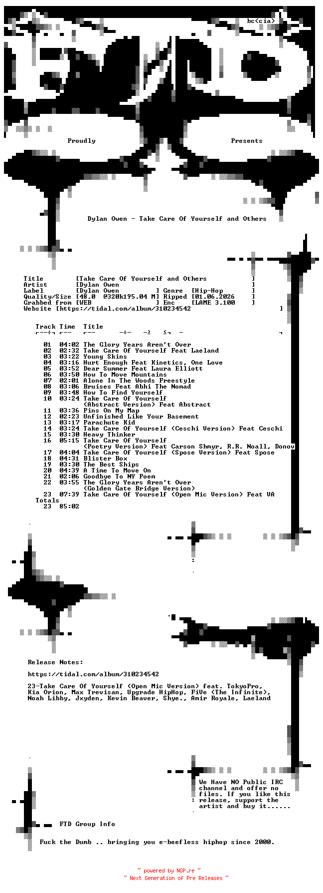 NFO for the release Dylan_Owen-Take_Care_Of_Yourself_and_Others-WEB-2023-FTD by FTD