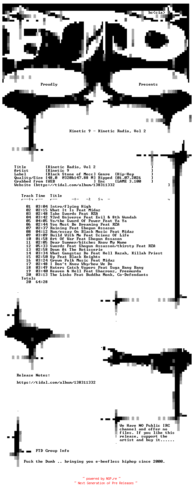 NFO for the release Kinetic_9-Kinetic_Radio_Vol_2-WEB-2019-FTD by FTD