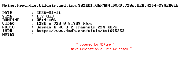 NFO for the release Meine.Frau.die.Wildnis.und.ich.S02E01.GERMAN.DOKU.720p.WEB.H264-SYNERGiE by SYNERGiE