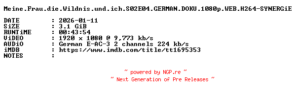 NFO for the release Meine.Frau.die.Wildnis.und.ich.S02E04.GERMAN.DOKU.1080p.WEB.H264-SYNERGiE by SYNERGiE