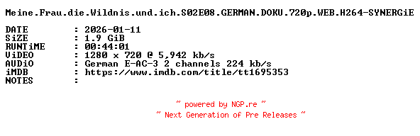 NFO for the release Meine.Frau.die.Wildnis.und.ich.S02E08.GERMAN.DOKU.720p.WEB.H264-SYNERGiE by SYNERGiE