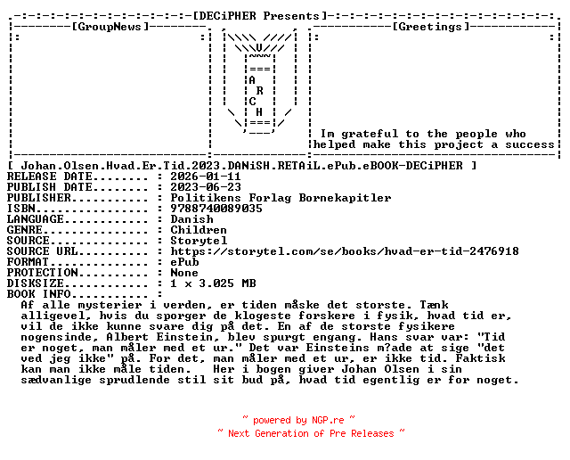 NFO for the release Johan.Olsen.Hvad.Er.Tid.2023.DANiSH.RETAiL.ePub.eBOOK-DECiPHER by DECiPHER