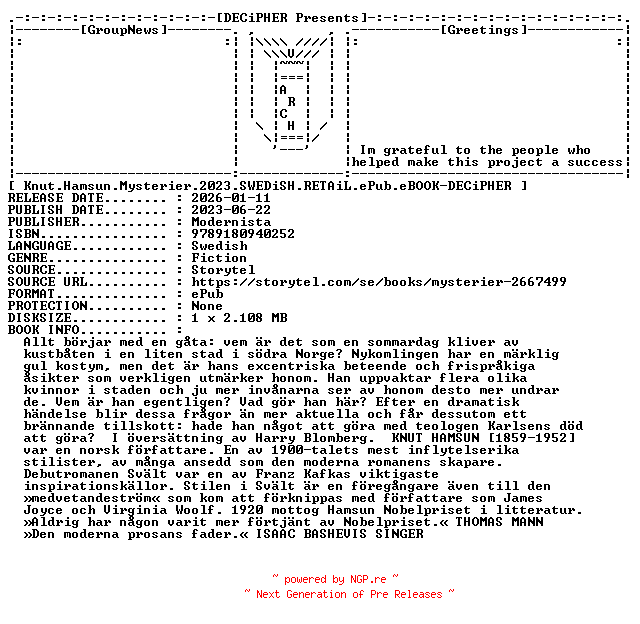 NFO for the release Knut.Hamsun.Mysterier.2023.SWEDiSH.RETAiL.ePub.eBOOK-DECiPHER by DECiPHER