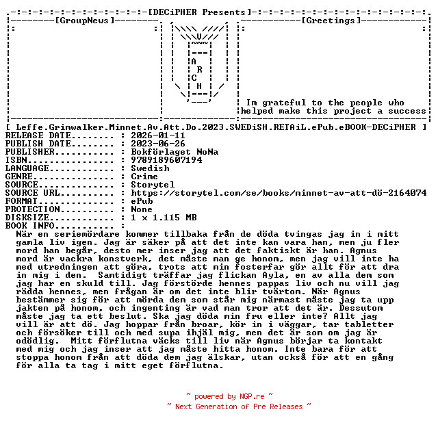 NFO for the release Leffe.Grimwalker.Minnet.Av.Att.Do.2023.SWEDiSH.RETAiL.ePub.eBOOK-DECiPHER by DECiPHER