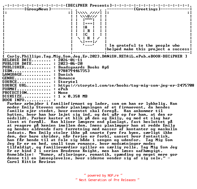 NFO for the release Carly.Phillips.Tag.Mig.Som.Jeg.Er.2023.DANiSH.RETAiL.ePub.eBOOK-DECiPHER by DECiPHER