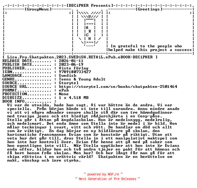 NFO for the release Liza.Fry.Skatpakten.2023.SWEDiSH.RETAiL.ePub.eBOOK-DECiPHER by DECiPHER