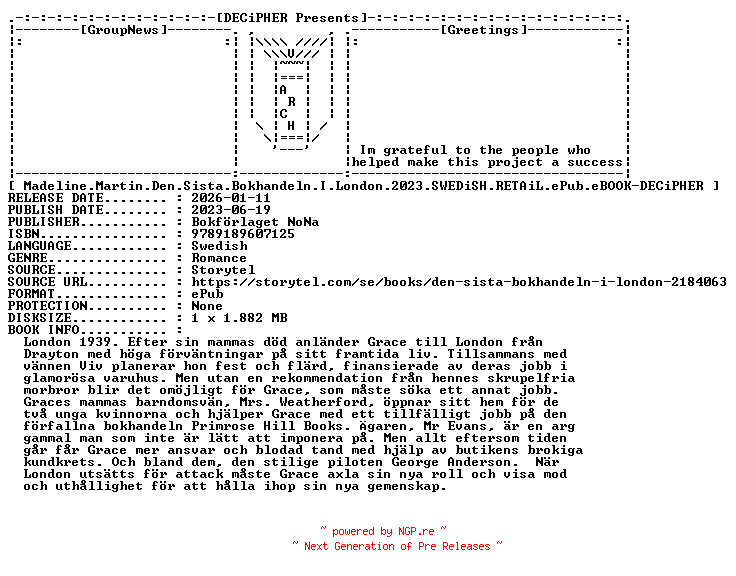 NFO for the release Madeline.Martin.Den.Sista.Bokhandeln.I.London.2023.SWEDiSH.RETAiL.ePub.eBOOK-DECiPHER by DECiPHER