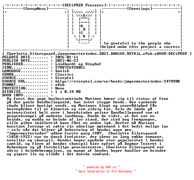 NFO for the release Charlotte.Eilersgaard.Jaegermesterinden.2023.DANiSH.RETAiL.ePub.eBOOK-DECiPHER by DECiPHER