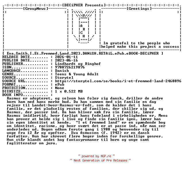 NFO for the release Eva.Smith.I.Et.Fremmed.Land.2023.DANiSH.RETAiL.ePub.eBOOK-DECiPHER by DECiPHER