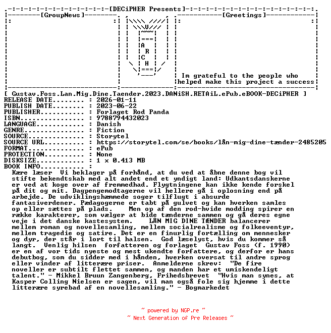 NFO for the release Gustav.Foss.Lan.Mig.Dine.Taender.2023.DANiSH.RETAiL.ePub.eBOOK-DECiPHER by DECiPHER