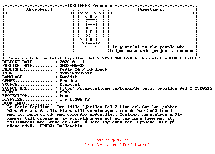 NFO for the release Piona.di.Polo.Le.Petit.Papillon.Del.2.2023.SWEDiSH.RETAiL.ePub.eBOOK-DECiPHER by DECiPHER