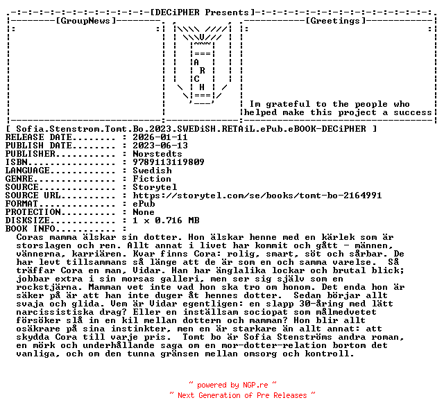 NFO for the release Sofia.Stenstrom.Tomt.Bo.2023.SWEDiSH.RETAiL.ePub.eBOOK-DECiPHER by DECiPHER