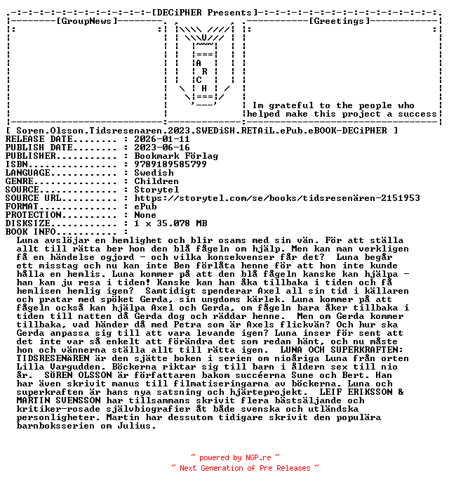 NFO for the release Soren.Olsson.Tidsresenaren.2023.SWEDiSH.RETAiL.ePub.eBOOK-DECiPHER by DECiPHER