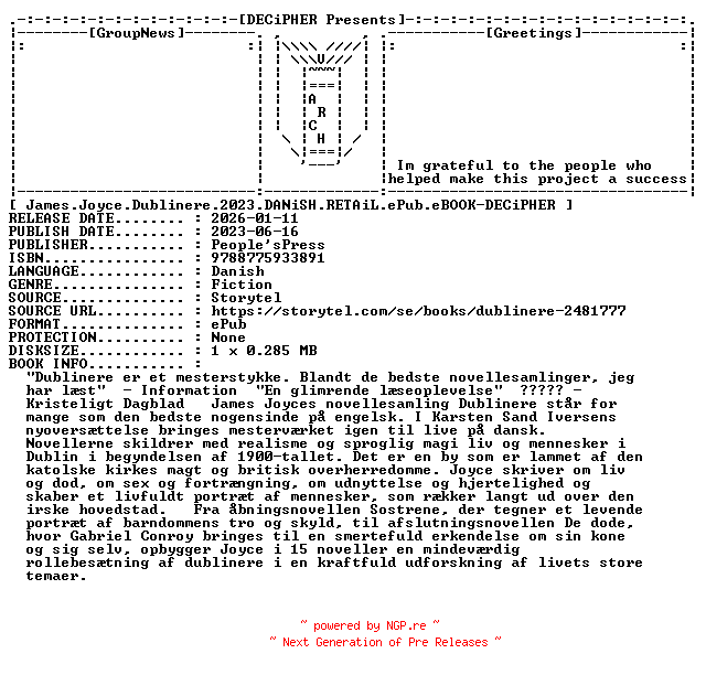NFO for the release James.Joyce.Dublinere.2023.DANiSH.RETAiL.ePub.eBOOK-DECiPHER by DECiPHER