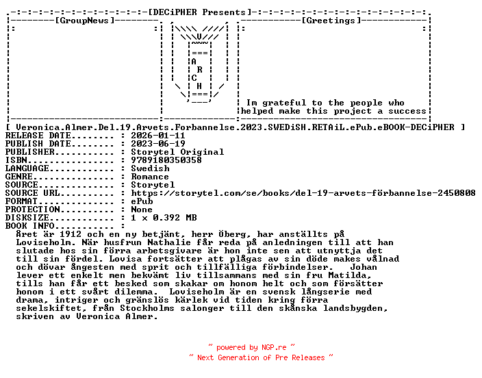 NFO for the release Veronica.Almer.Del.19.Arvets.Forbannelse.2023.SWEDiSH.RETAiL.ePub.eBOOK-DECiPHER by DECiPHER