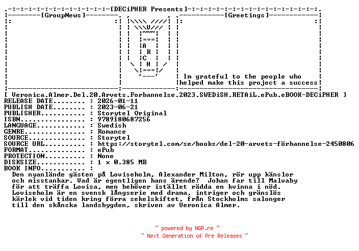 NFO for the release Veronica.Almer.Del.20.Arvets.Forbannelse.2023.SWEDiSH.RETAiL.ePub.eBOOK-DECiPHER by DECiPHER