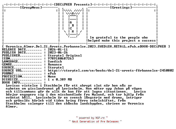 NFO for the release Veronica.Almer.Del.21.Arvets.Forbannelse.2023.SWEDiSH.RETAiL.ePub.eBOOK-DECiPHER by DECiPHER