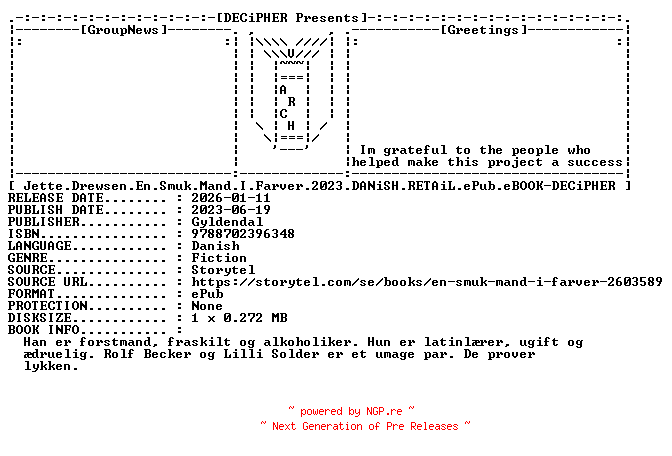 NFO for the release Jette.Drewsen.En.Smuk.Mand.I.Farver.2023.DANiSH.RETAiL.ePub.eBOOK-DECiPHER by DECiPHER