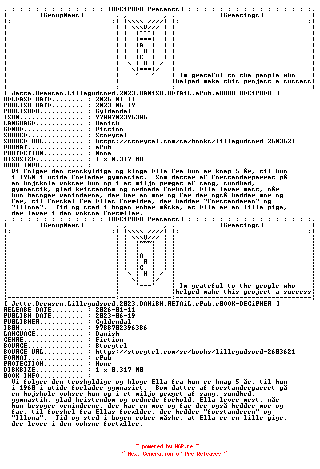 NFO for the release Jette.Drewsen.Lillegudsord.2023.DANiSH.RETAiL.ePub.eBOOK-DECiPHER by DECiPHER