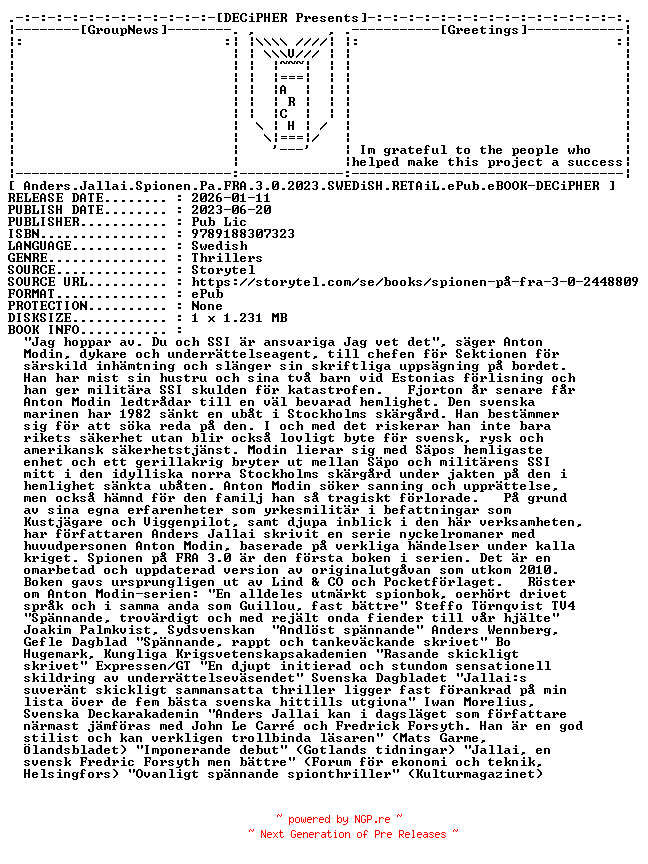 NFO for the release Anders.Jallai.Spionen.Pa.FRA.3.0.2023.SWEDiSH.RETAiL.ePub.eBOOK-DECiPHER by DECiPHER