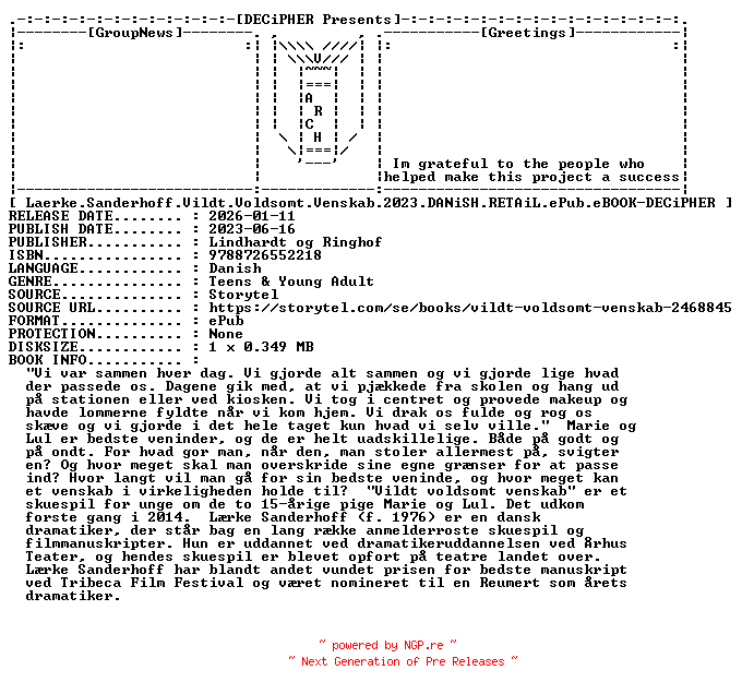 NFO for the release Laerke.Sanderhoff.Vildt.Voldsomt.Venskab.2023.DANiSH.RETAiL.ePub.eBOOK-DECiPHER by DECiPHER