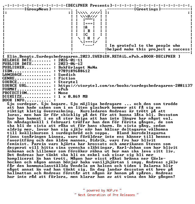 NFO for the release Elin.Bengts.Surdegsbedragaren.2023.SWEDiSH.RETAiL.ePub.eBOOK-DECiPHER by DECiPHER
