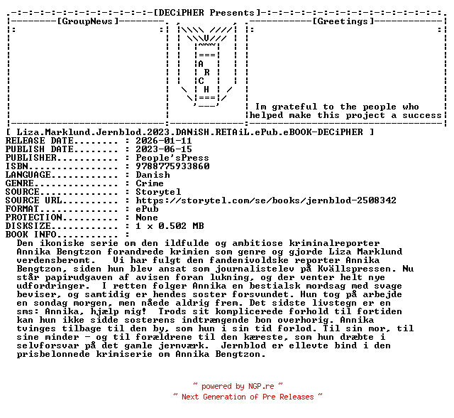NFO for the release Liza.Marklund.Jernblod.2023.DANiSH.RETAiL.ePub.eBOOK-DECiPHER by DECiPHER