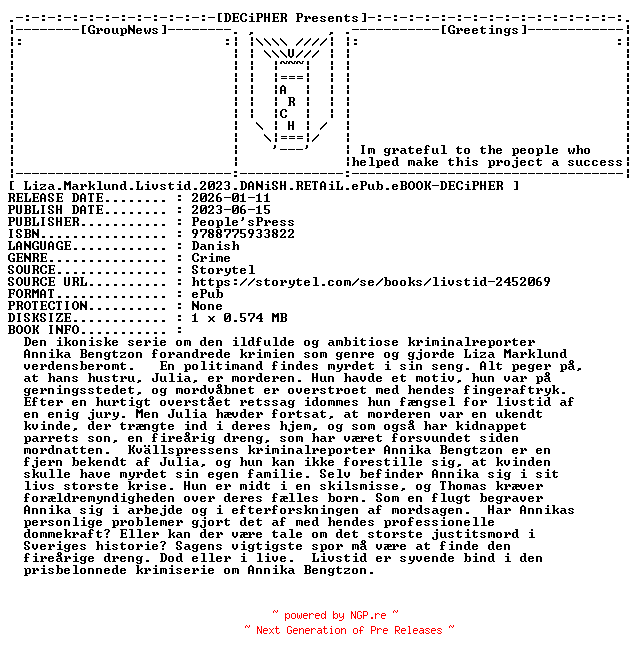 NFO for the release Liza.Marklund.Livstid.2023.DANiSH.RETAiL.ePub.eBOOK-DECiPHER by DECiPHER
