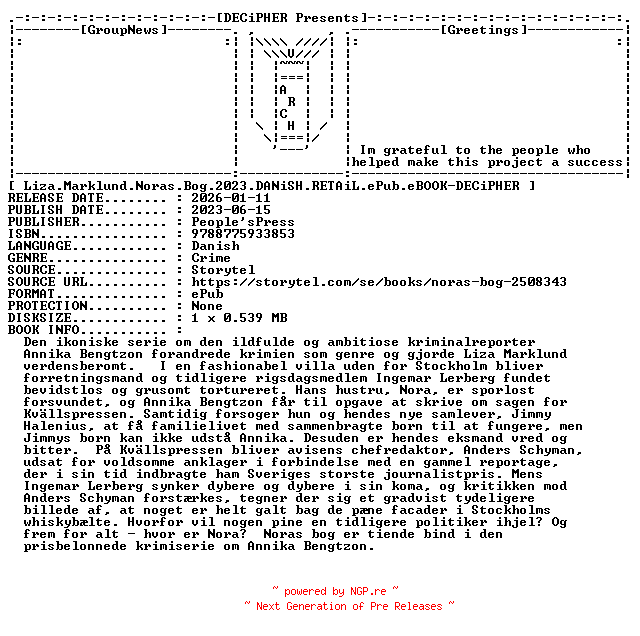 NFO for the release Liza.Marklund.Noras.Bog.2023.DANiSH.RETAiL.ePub.eBOOK-DECiPHER by DECiPHER
