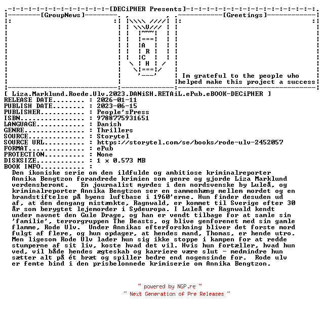 NFO for the release Liza.Marklund.Roede.Ulv.2023.DANiSH.RETAiL.ePub.eBOOK-DECiPHER by DECiPHER