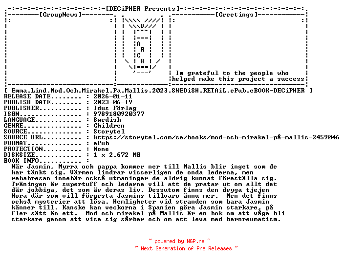 NFO for the release Emma.Lind.Mod.Och.Mirakel.Pa.Mallis.2023.SWEDiSH.RETAiL.ePub.eBOOK-DECiPHER by DECiPHER