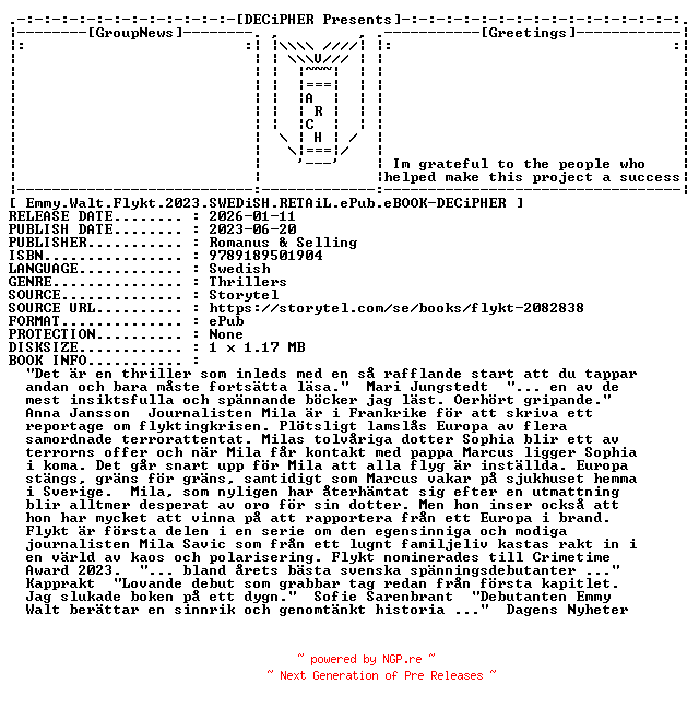 NFO for the release Emmy.Walt.Flykt.2023.SWEDiSH.RETAiL.ePub.eBOOK-DECiPHER by DECiPHER
