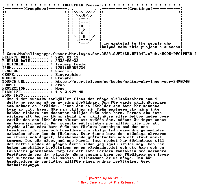 NFO for the release Gert.Nathaliespappa.Grater.Nar.Ingen.Ser.2023.SWEDiSH.RETAiL.ePub.eBOOK-DECiPHER by DECiPHER