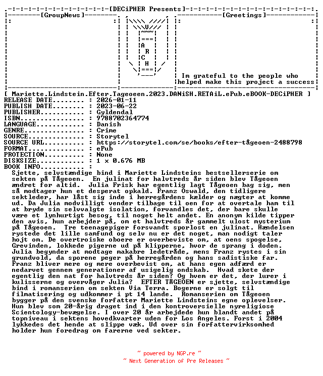 NFO for the release Mariette.Lindstein.Efter.Tageoeen.2023.DANiSH.RETAiL.ePub.eBOOK-DECiPHER by DECiPHER