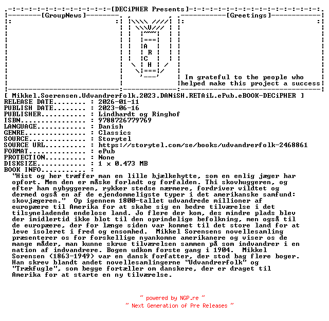 NFO for the release Mikkel.Soerensen.Udvandrerfolk.2023.DANiSH.RETAiL.ePub.eBOOK-DECiPHER by DECiPHER