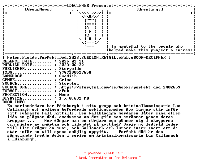 NFO for the release Helen.Fields.Perfekt.Dod.2023.SWEDiSH.RETAiL.ePub.eBOOK-DECiPHER by DECiPHER