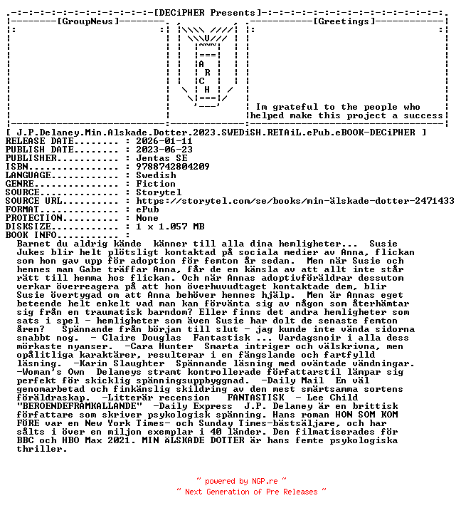 NFO for the release J.P.Delaney.Min.Alskade.Dotter.2023.SWEDiSH.RETAiL.ePub.eBOOK-DECiPHER by DECiPHER