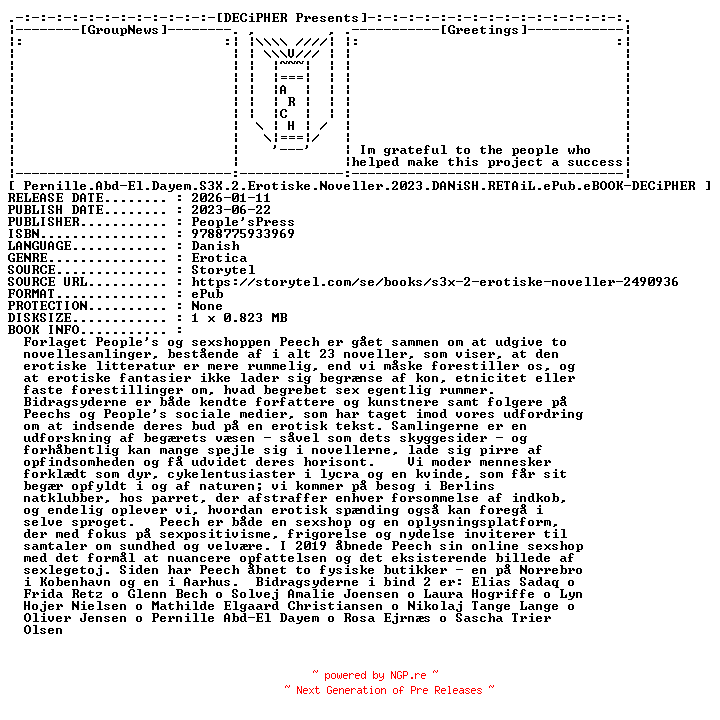 NFO for the release Pernille.Abd-El.Dayem.S3X.2.Erotiske.Noveller.2023.DANiSH.RETAiL.ePub.eBOOK-DECiPHER by DECiPHER
